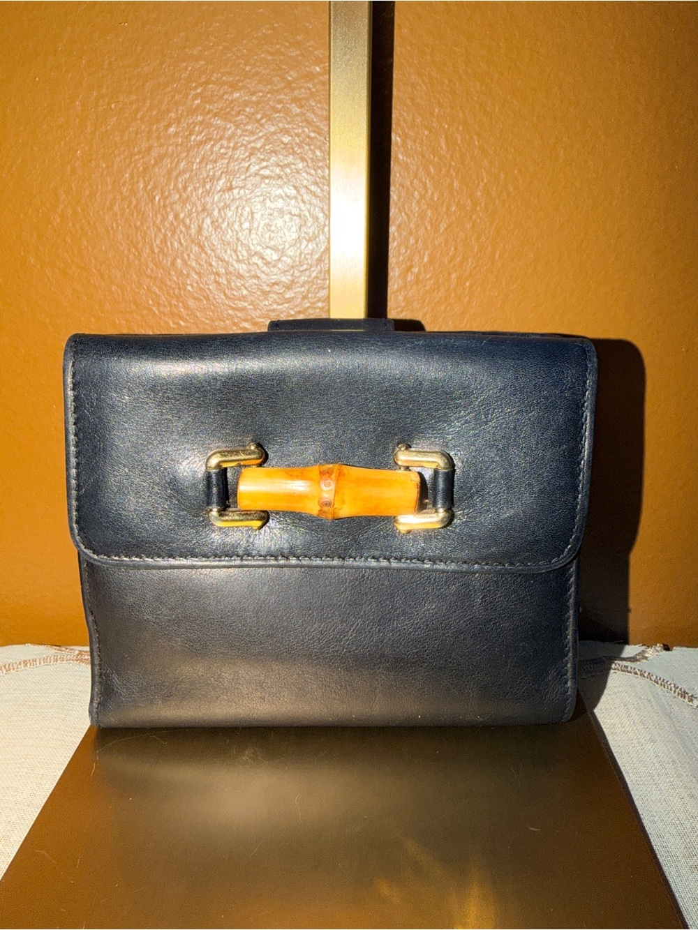 Gucci Vintage Classic Black Leather Wallet with Bamboo Accent